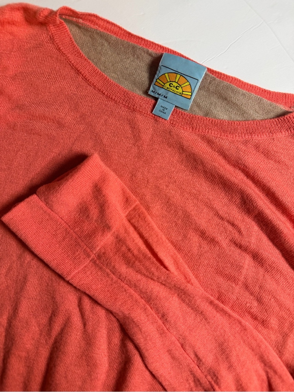 C&C California Scoop Neck Colorblock Sweater Medium Coral Orange Tan High Low